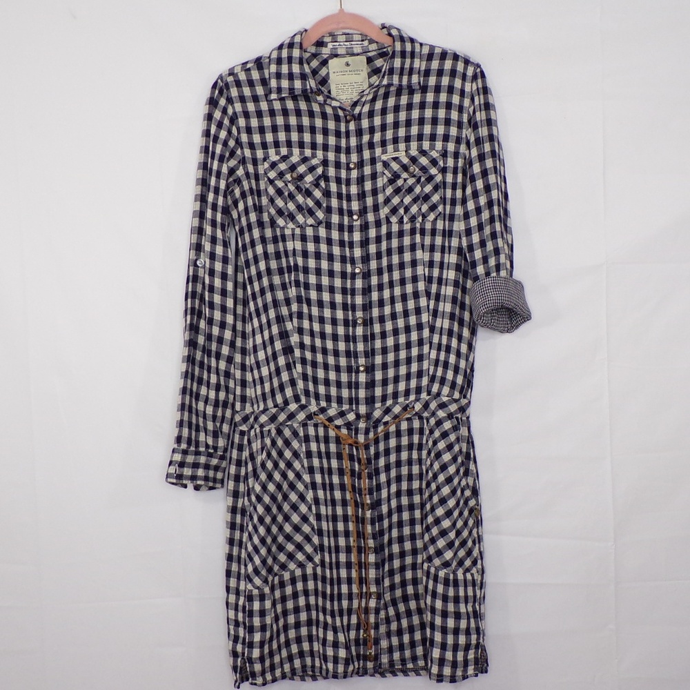 Maison Scotch Gingham Tie Waist Shirt Dress Sz 2